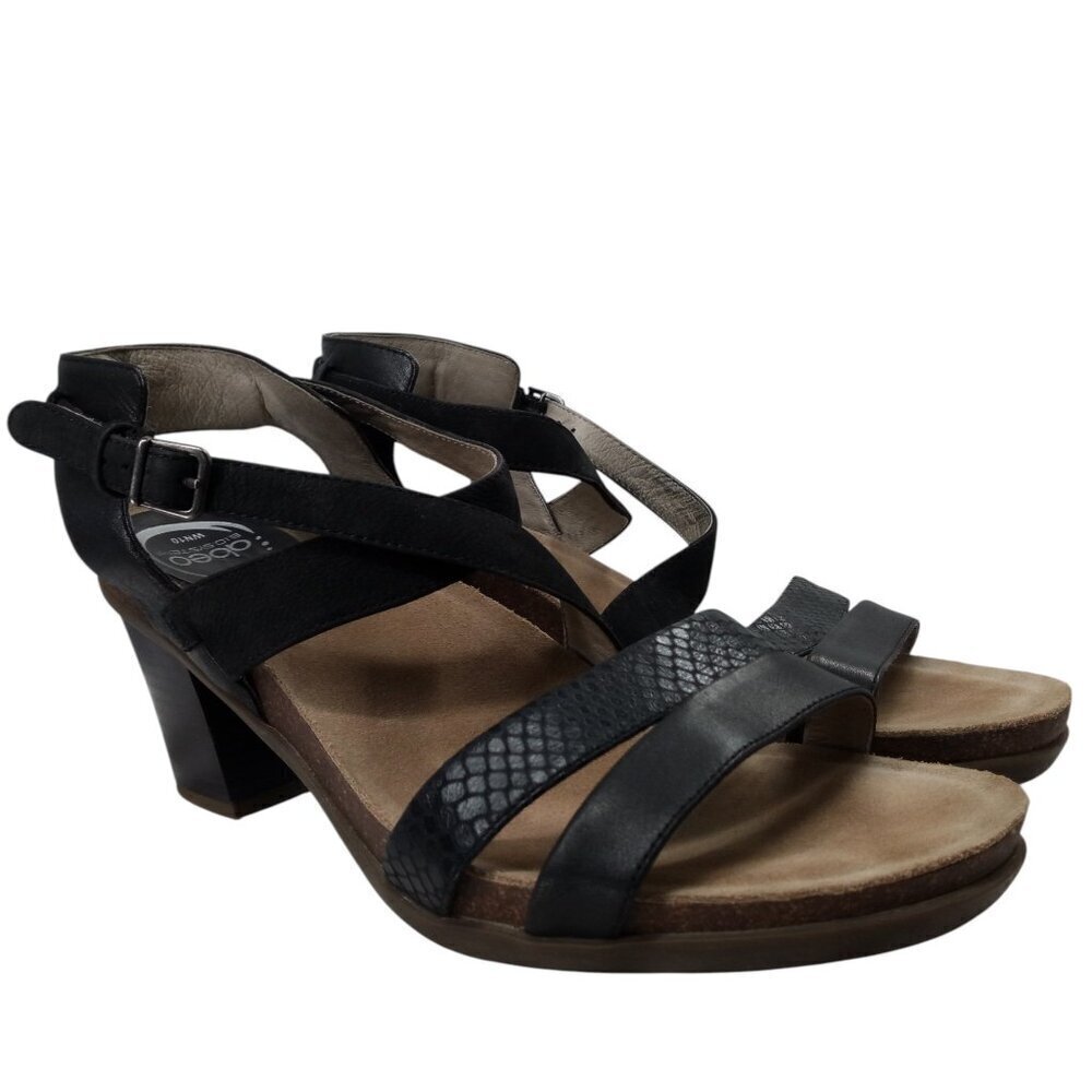 Abeo Bio System Biana Black Heeled Strappy Sandals Size 10 Block Heel Leather - Picture 1 of 14